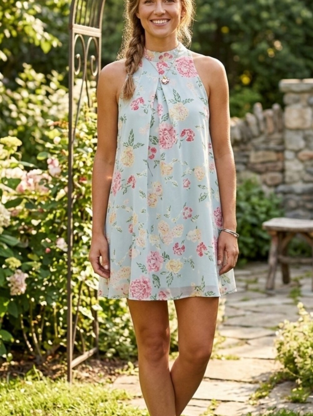 Mint Pink & Yellow Halter Swing Mini Dress  Women's Small Garden Coquette Whimsy